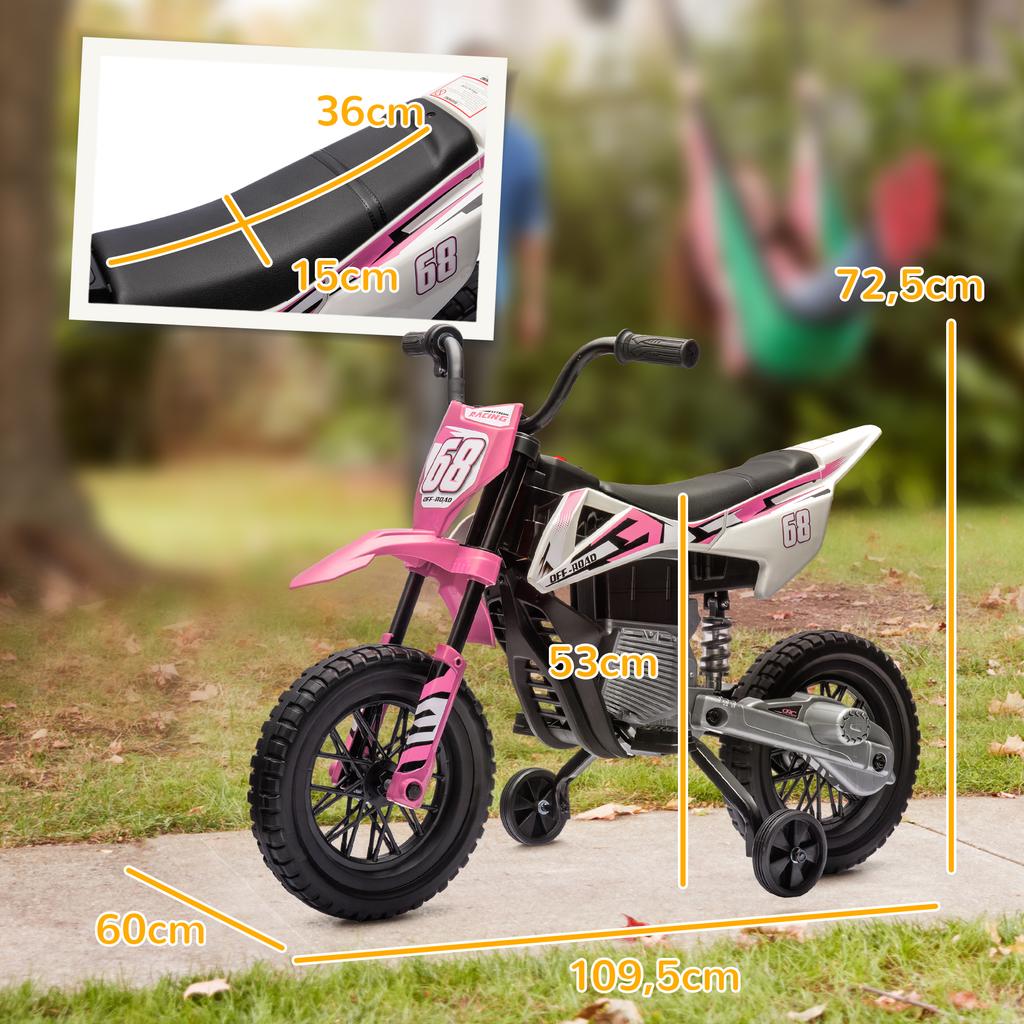 Electric Motocross Bike for Kids, Ages 3-6, 2 x 12V Motors, 5 km/h, 109.5 x 60 x 72.5 cm, Pink