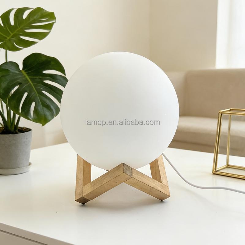 White Frosted Round Ball Night Light with Wooden Stand for Homestay Tabletop and Bedroom Bedside Ambient Decoration