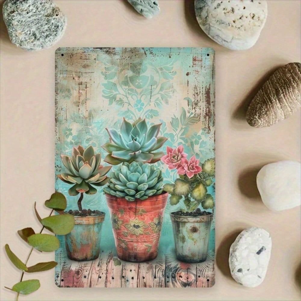Vintage Succulent Metal Wall Art, Rustic Waterproof Iron Poster for Home Decor, 8x12 Inch