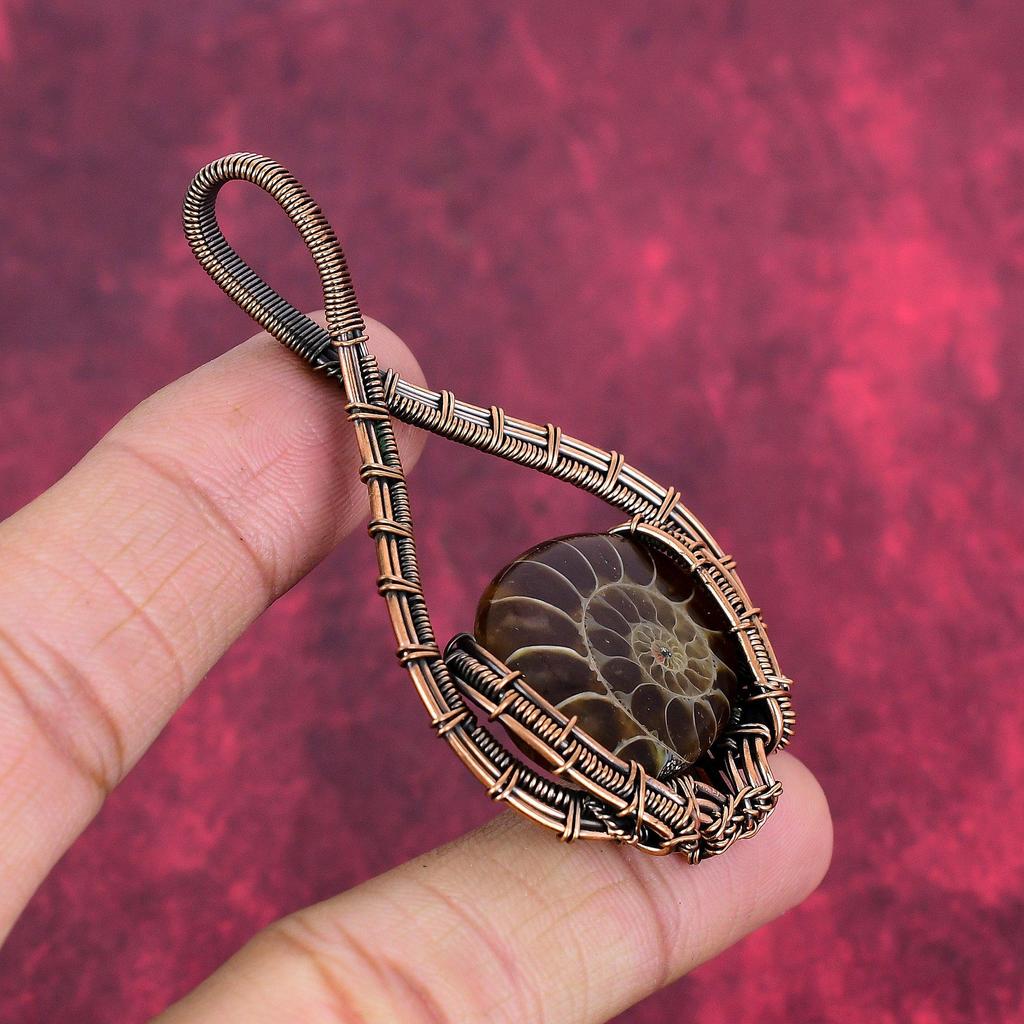 Ammonite fossil pendant copper wire wrapped gemstone pendant handmade pendant copper jewelry decent pendant gifts for him wire wrap jewelry