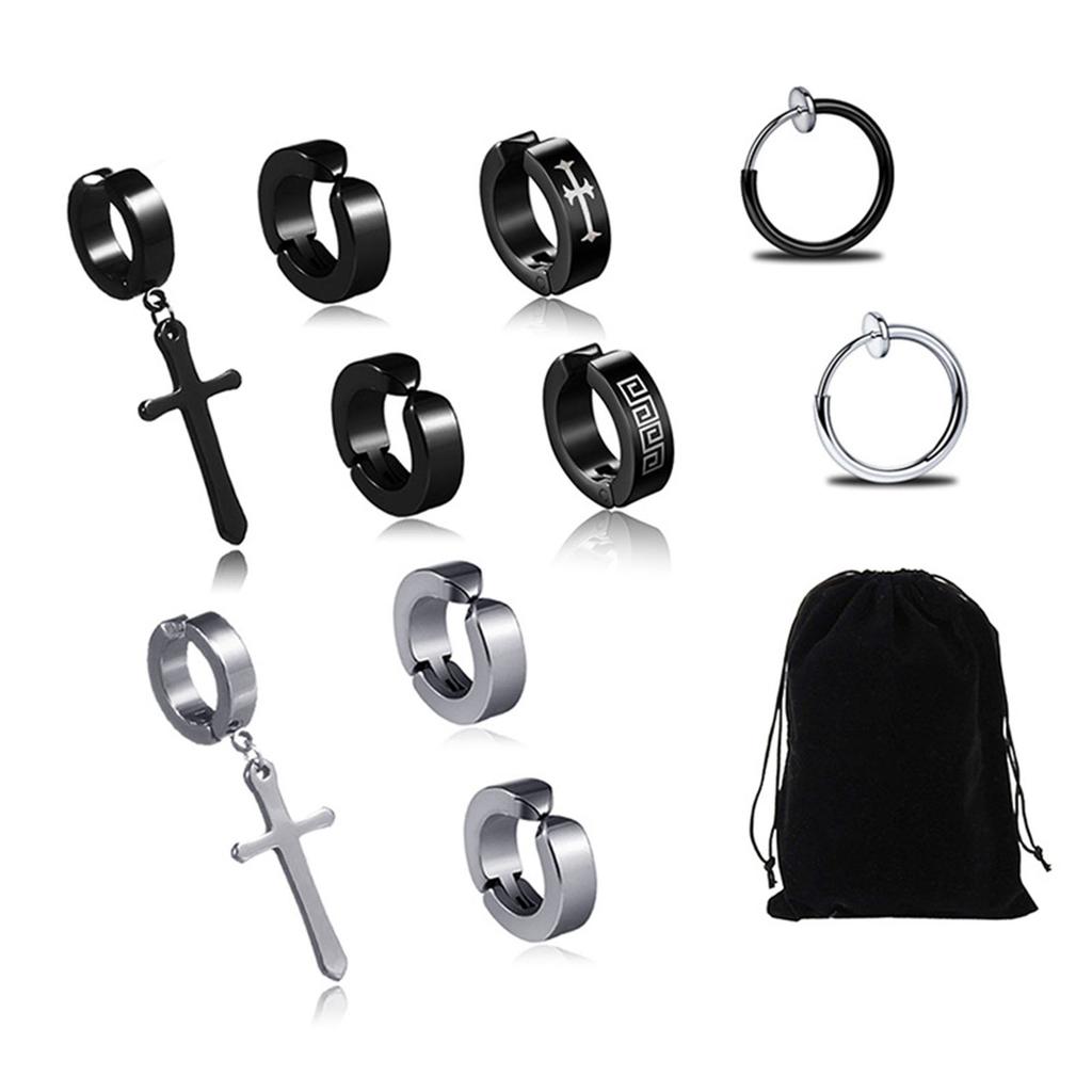 10 Pcs Cross Ear Clip Titanium Steel Men Rock Style Clip On Hoop Earrings Individually Packed Lightweight Fashionable