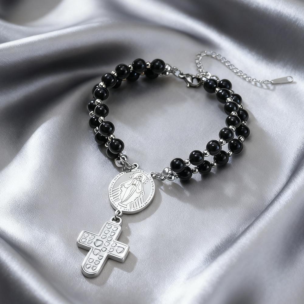 Dawapara Virgin Mary Cross Black Onyx Bead Bracelet Saint Christopher Catholicism Amulet Stainless Steel Charm Christmas Gift