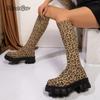 Fashion Chunky Platform Knee-High Boots Women Autumn Winter Fashion Elastic Socks Boots Thick Sole High Tube Long Botas Mujer Leopard