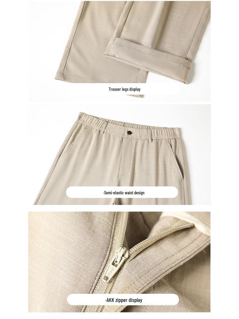 Pánské vysoce kvalitní business casual kalhoty z ledového hedvábí s elastickým pasem a rovnými nohavicemi - s krátkým rukávem, pohodlné na léto