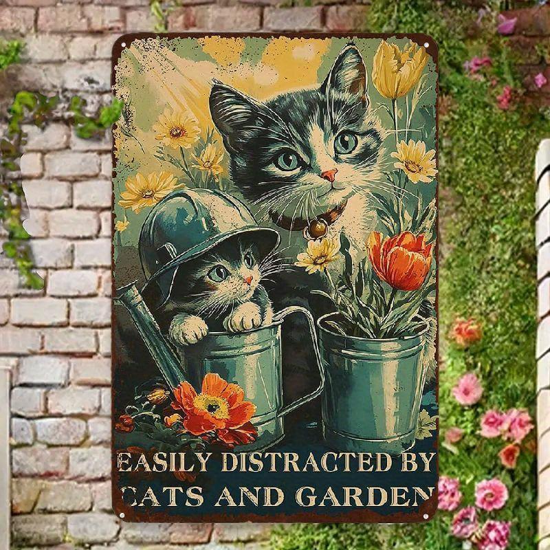 Vintage Easily Distracted by Cats and Gardens Funny Metal Tin Sign  Whimsical Cat and Garden Art for Retro Wall Decor