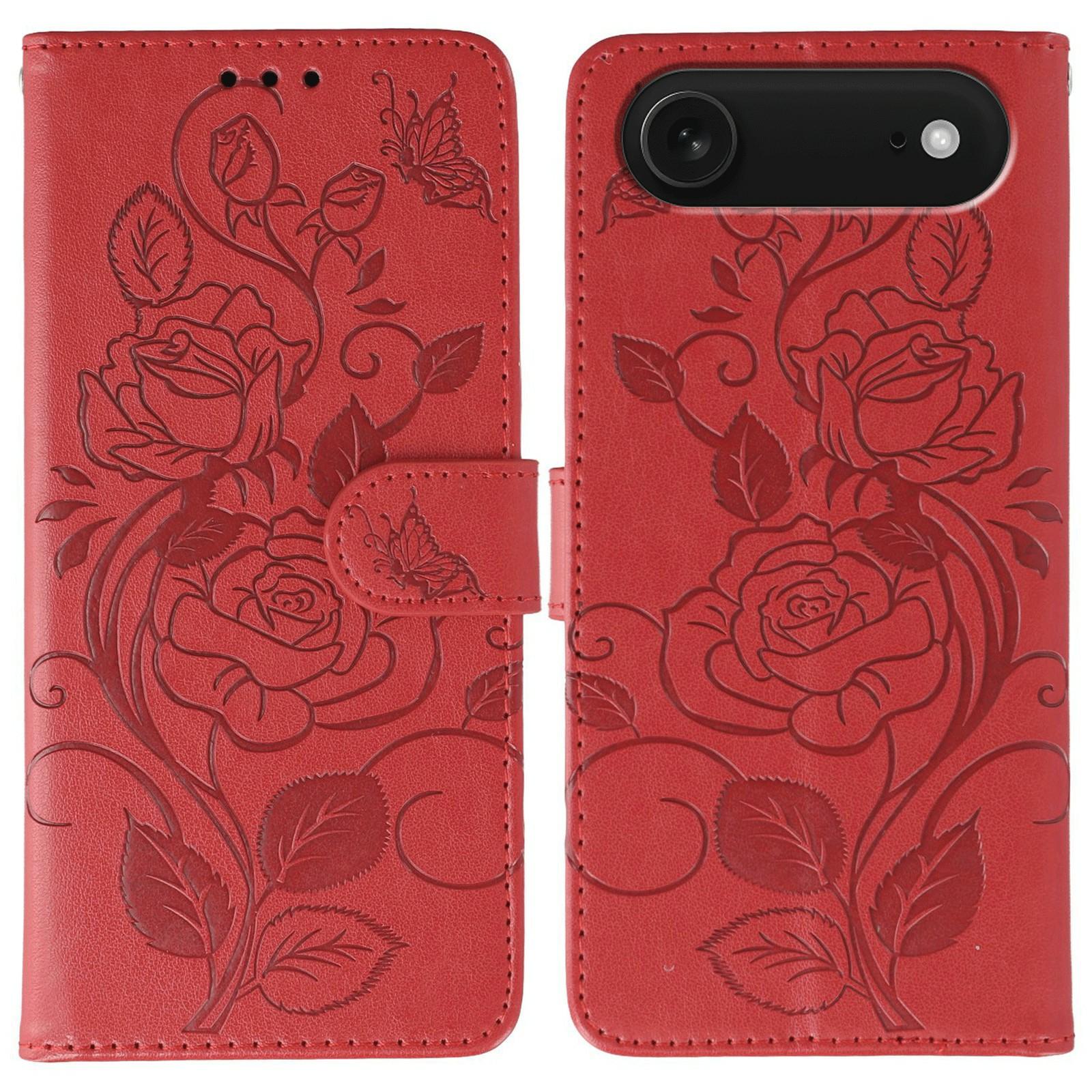 

For iPhone 17 Air Case Wallet Stand Imprinted Rose Butterfly PU Leather Phone Cover Red