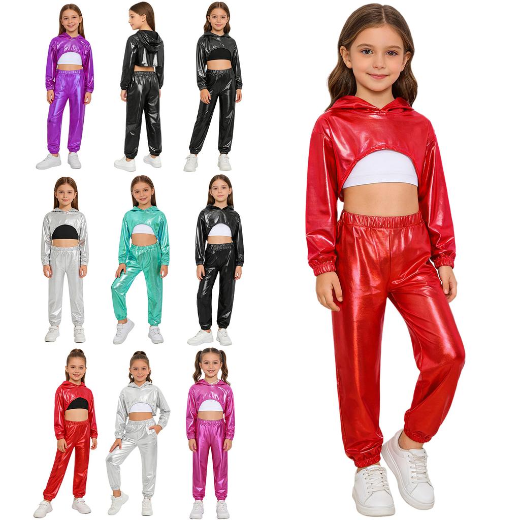 Girls Hip Hop Jazz Dance Costume 3 Piece Set Metallic Cropped Hoodie Sleeveless Keyhole Back Vest Pants