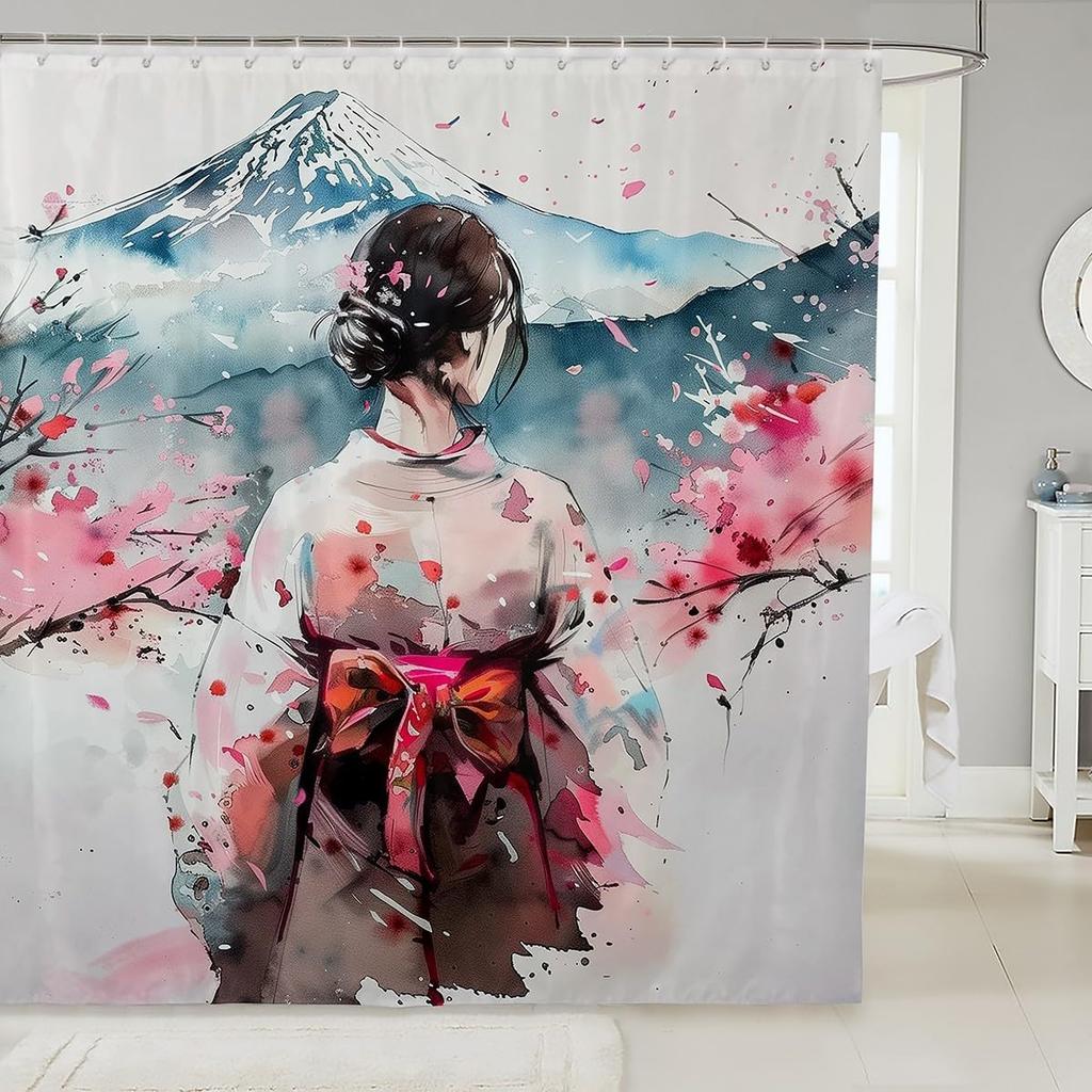 Japanese Geisha Shower Curtain Red Cherry Blossoms Bath Curtain For Boys Girls Teens Japanese Ukiyoe Bathroom Shower Curtain