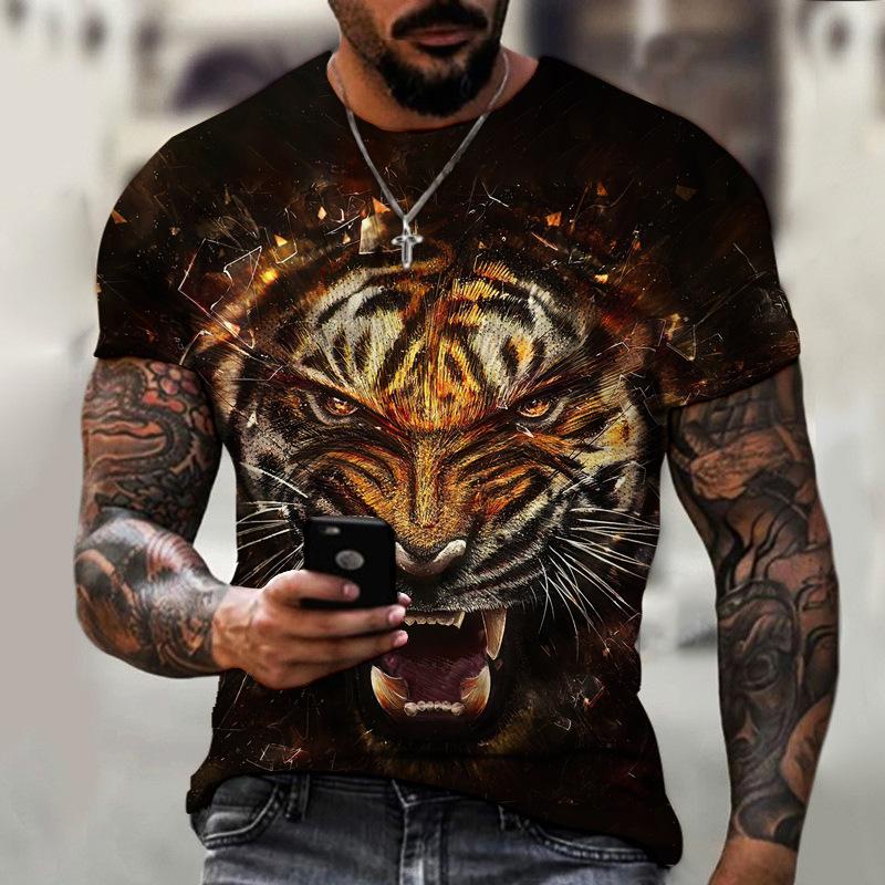 Summer Round Neck 3D Tiger Print Top Fashionable Casual Short Sleeved Men's T-shirts