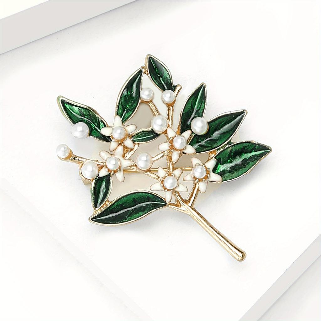 Vintage Enamel Green Leaf Pearl Flower Brooch - Elegant Unique Design, Unisex Luxury Jewelry, Perfect Holiday Gift