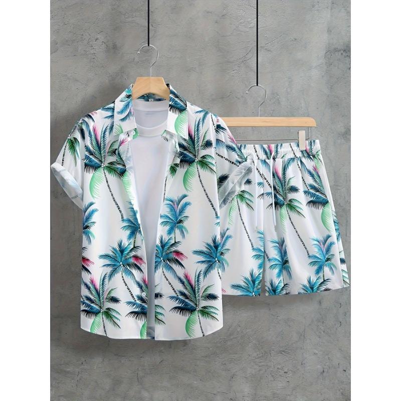 Men's Beige Tropical Leaf Print Shirt and Shorts Set Summer Vacation Wear