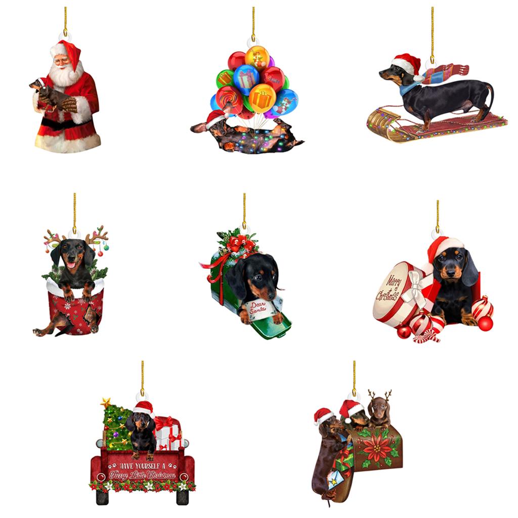 Festival Dachshund Hanging Charm Acrylic Christmas Tree and Car Interior Decoration Decorative Pendant for Indoor