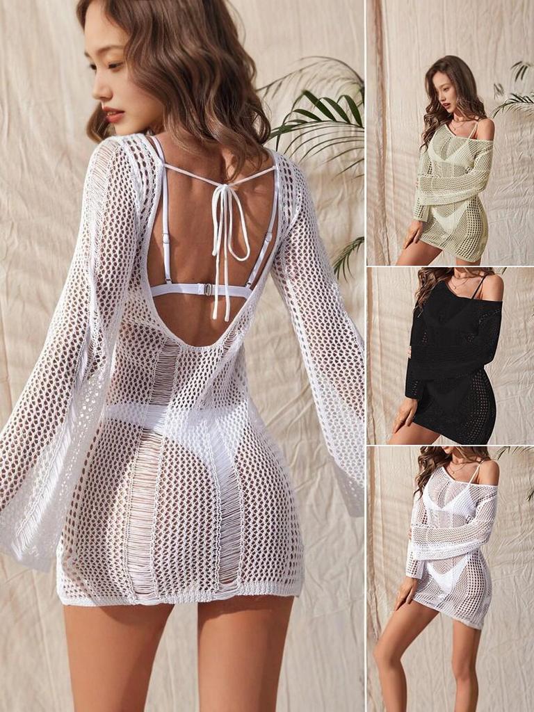 2024 Knit Hollow Backless Beach Cover-up Sun Protection Dress