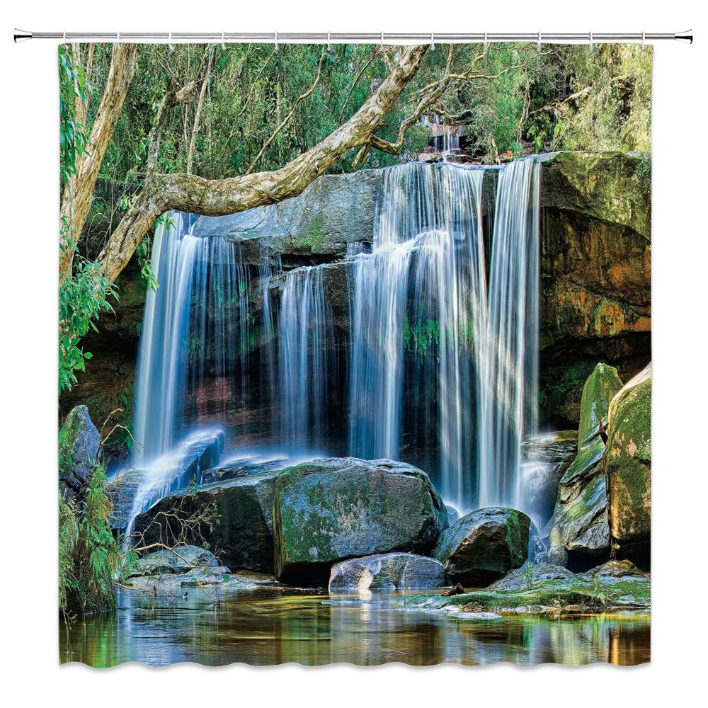 Natürliche Landschaft Duschvorhänge Wasserfall Grüne Wiese Blume Frühling Landschaft Badezimmer Dekor Wasserdichtes Stoffvorhang-Set