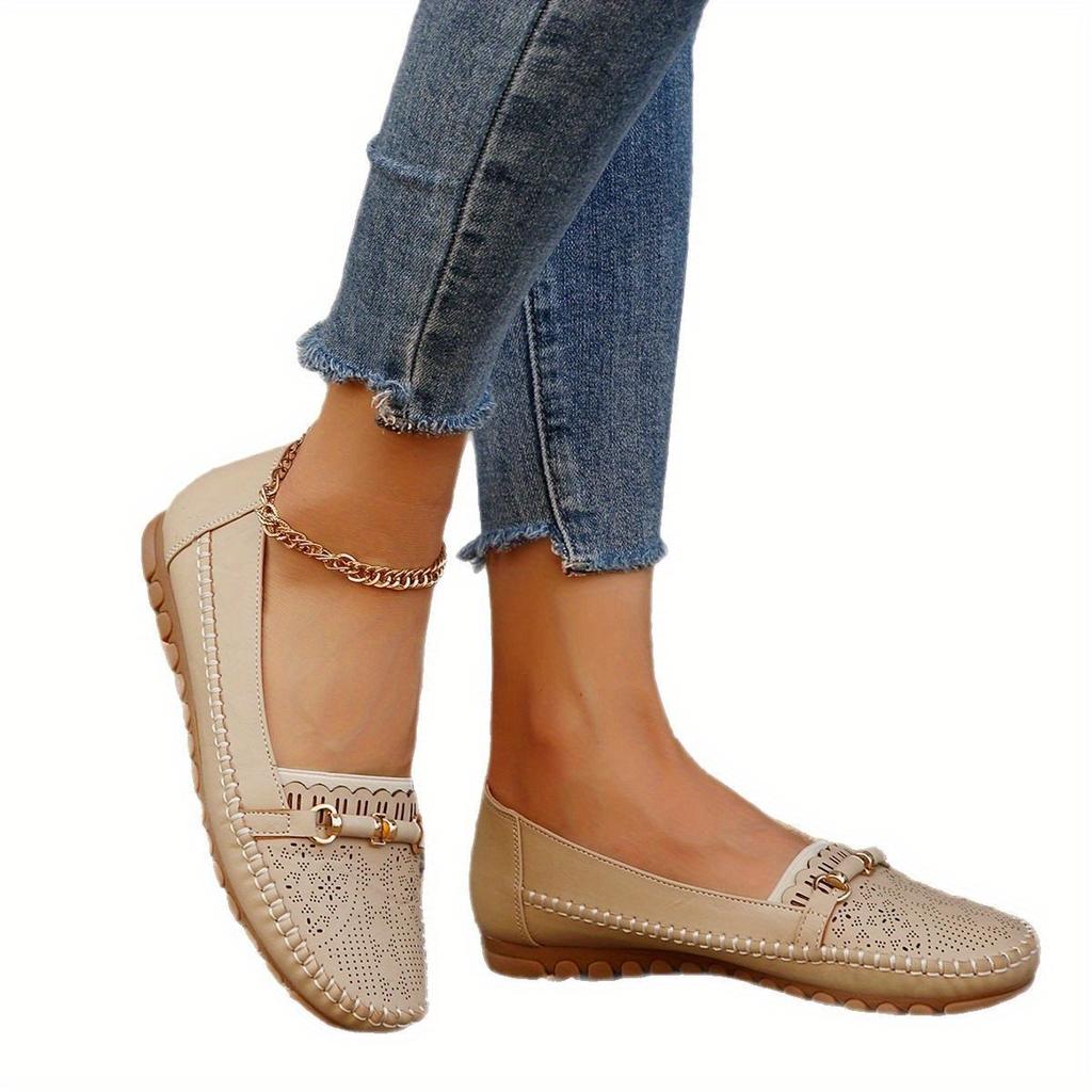 Dames beige flats med ankelkjedelignende dekorasjon - Slip-on sko med lukket tå, overdel i PU ekte skinn og polstret innersåle - Hverdagssko for alle årstider