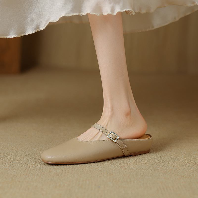 Krazing Pot, mulas de cuero de plena flor, punta cuadrada, tacones bajos, zapatillas exteriores de otoño, zapatos de verano, zapatos de tacón para mujer