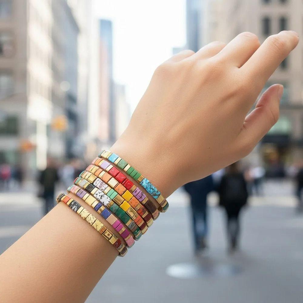 Geometric Type Tila Beads Bracelet Beads Stackable Bracelet Fashion Elastic Bracelet Gift
