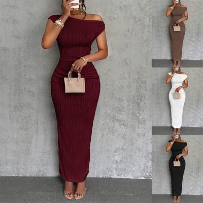 2025 New Sexy Fashion Water Ripple Diagonal Shoulder Dress Spot Striped Slim Elegant Women's Long Skirt R-88109