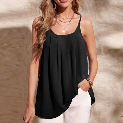 Women's Pleated Straps Camisole Tank Loose Casual Solid Color Sleeveless Top