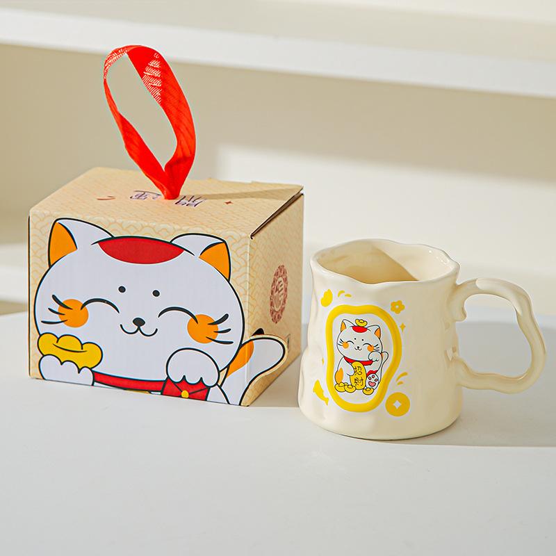 Cupa Ceramică Pisică Norocoasă Desen Animat Cupă Iregulară cu Aspect Înalt Cupă Creativă pentru Lapte/Mic Dejun Suvenir de Deschidere