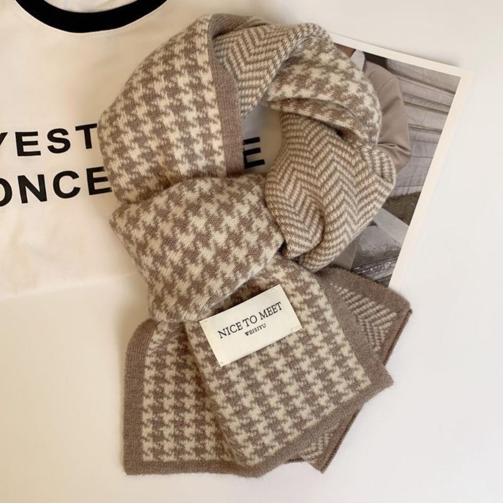 Korean-style Classic Houndstooth Reversible Scarf For Women Autumn/Winter Warmth & Fashion Knitted Neckwarmer Versatile Matching Set For Couples