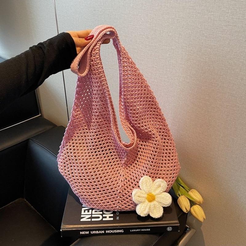 Large capacity flower cotton thread hollow tote bag women's new seaside vacation beach woven shoulder bag