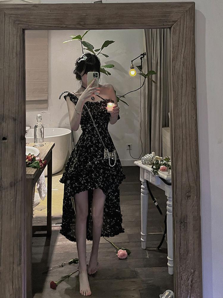 New summer floral slip dress, square neck, cinched waist, slimming, irregular design dress, super fairy