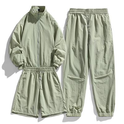 Men's Casual Ice Silk Tracksuit Jacket Shorts And Trousers 3pcs Suit Running Fitness Jacket Suit Male Sportswear Set