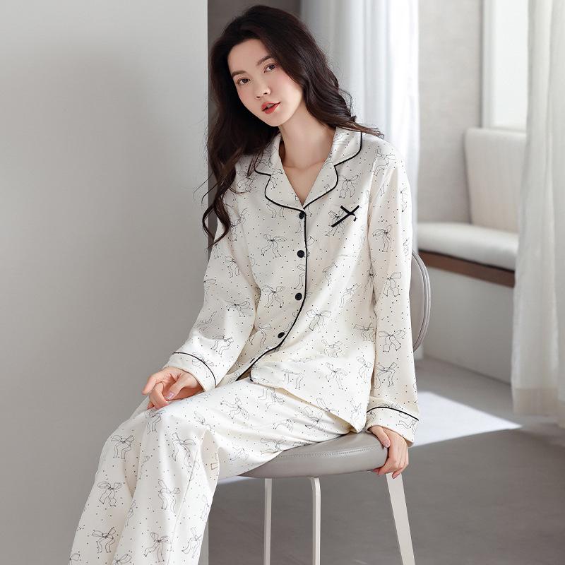 Women's Pure Cotton Long Sleeve Pajama Set - Casual Two-Piece with Simple Print for Home or Outwear