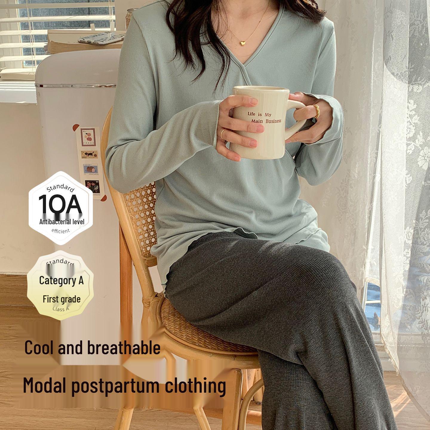 

Summer Lightweight Modal Cotton Maternity Pajamas: Ice Silk Comfort for Breastfeeding & Postpartum (5-6 Months) M