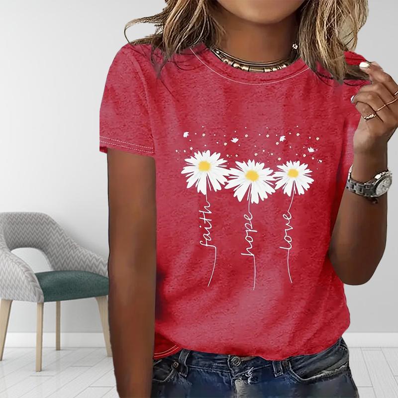 Women Summer T Shirt  Print Cute White Flowers  Short Sleeve Tees Casual   Printed  Tops