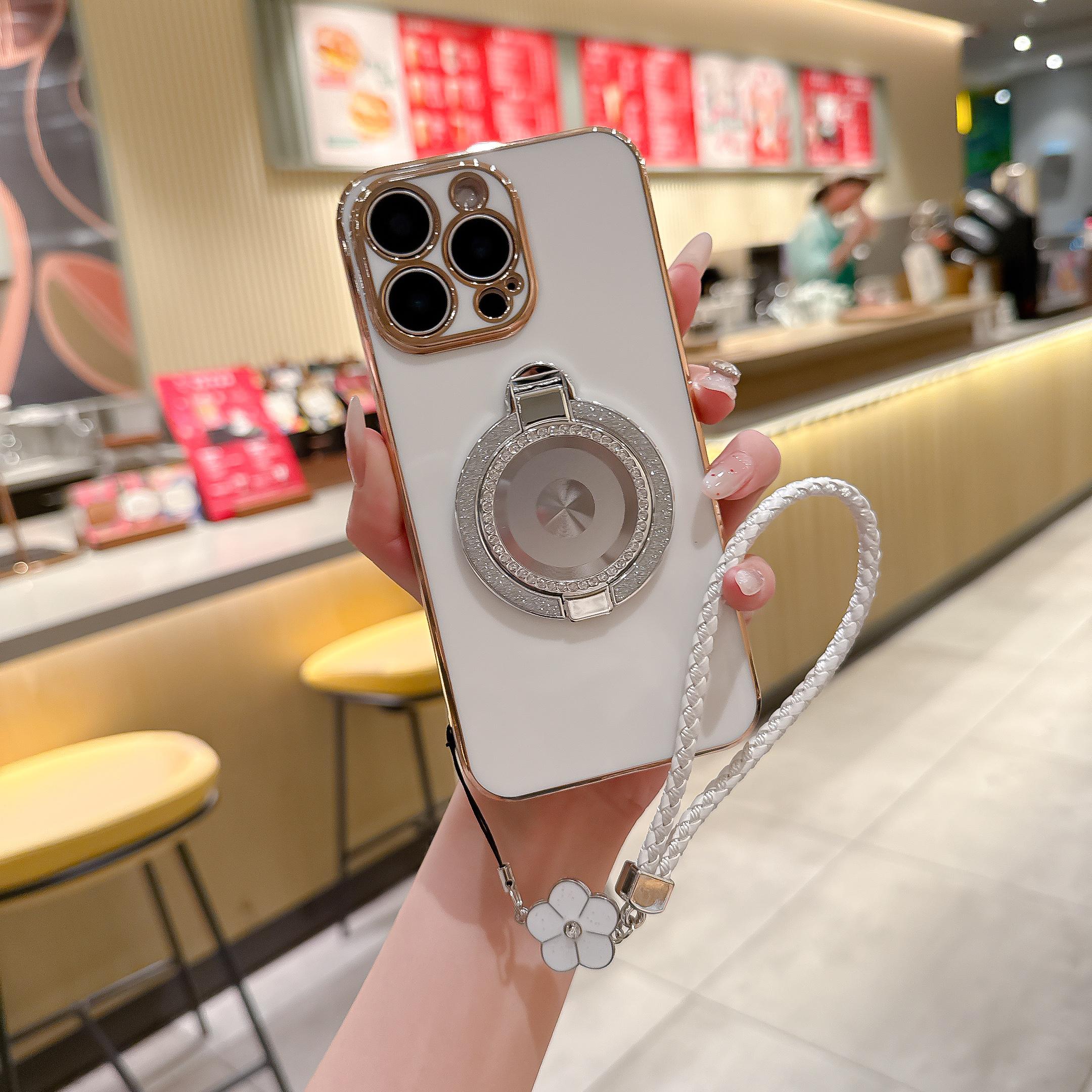 

Блестящий чехол для телефона с ремешком на запястье, зеркалом для макияжа, гальваническим покрытием, магнитным бампером и подставкой для iPhone 17 16 15 14 13 12 Pro Max, милый защитный чехол для объектива для девочек iPhone 17 Pro Max белый