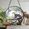 2D Flat Stained Glass Cat Window Decoration, 7.87inches Cat On The Windowsill Flowers Design Colored Glass Plate with Chain, Charming Spring Summer