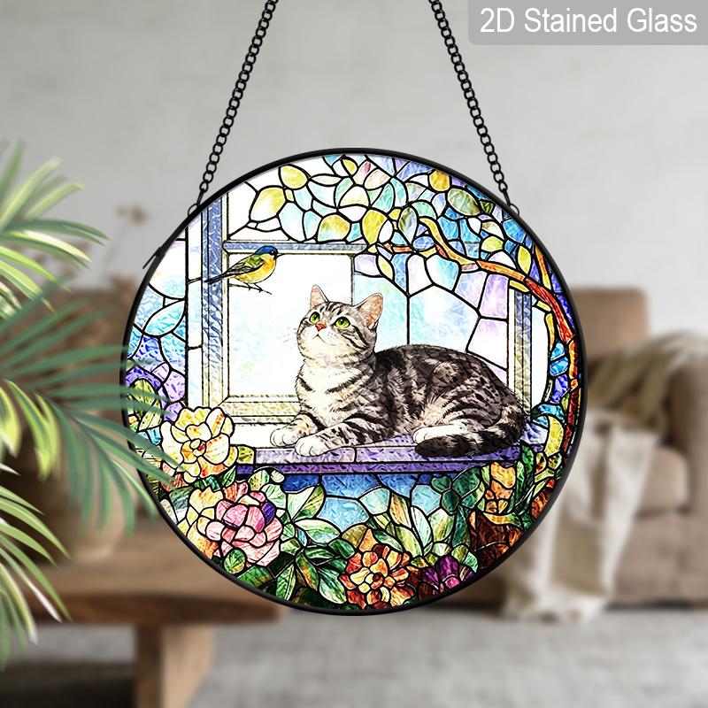 2D Flat Stained Glass Cat Window Decoration, 7.87inches Cat On The Windowsill Flowers Design Colored Glass Plate with Chain, Charming Spring Summer