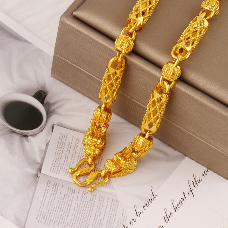 Men's 18k Gold Plated Cylindrical Necklace with Spaced Pumpkin Beads - Creative Fashion Accessory