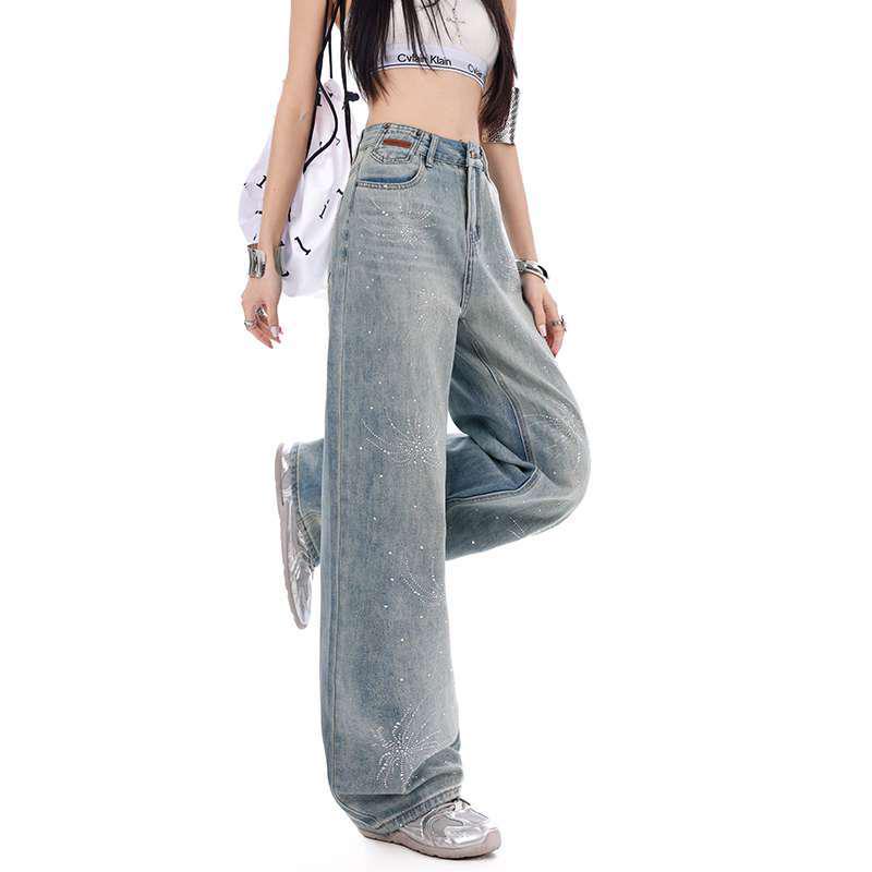 High-Waisted Rhinestone Wide-Leg Jeans for Women – Spring Loose, Drapey, Slimming, Floor-Length Versatile Pants