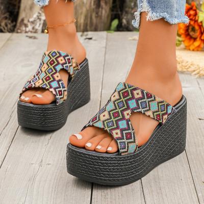 Damen Canvas Keil Sandalen mit einem Riemen, Dicke Sohle Sommer Strand Pantoletten