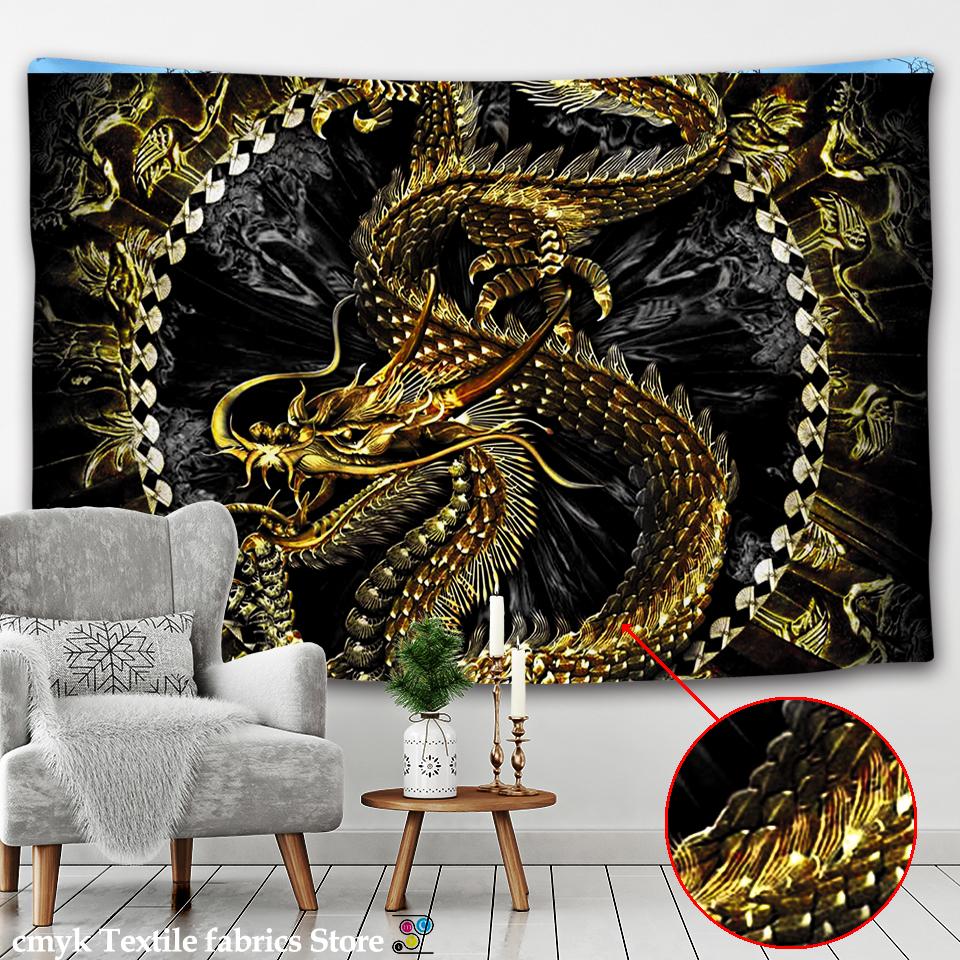 Golden Loong Dragon Totem Tapestry Cartoon Castle Wall Hanging Room Carpet Bedspread Beach Mat Tapis Home Decor Tapestries Art