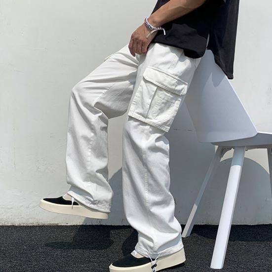 Men Cargo Pants Solid Color Hip-hop Style Loose Pattern Multi Pockets Elastic Waist Men Trousers Daily Clothes