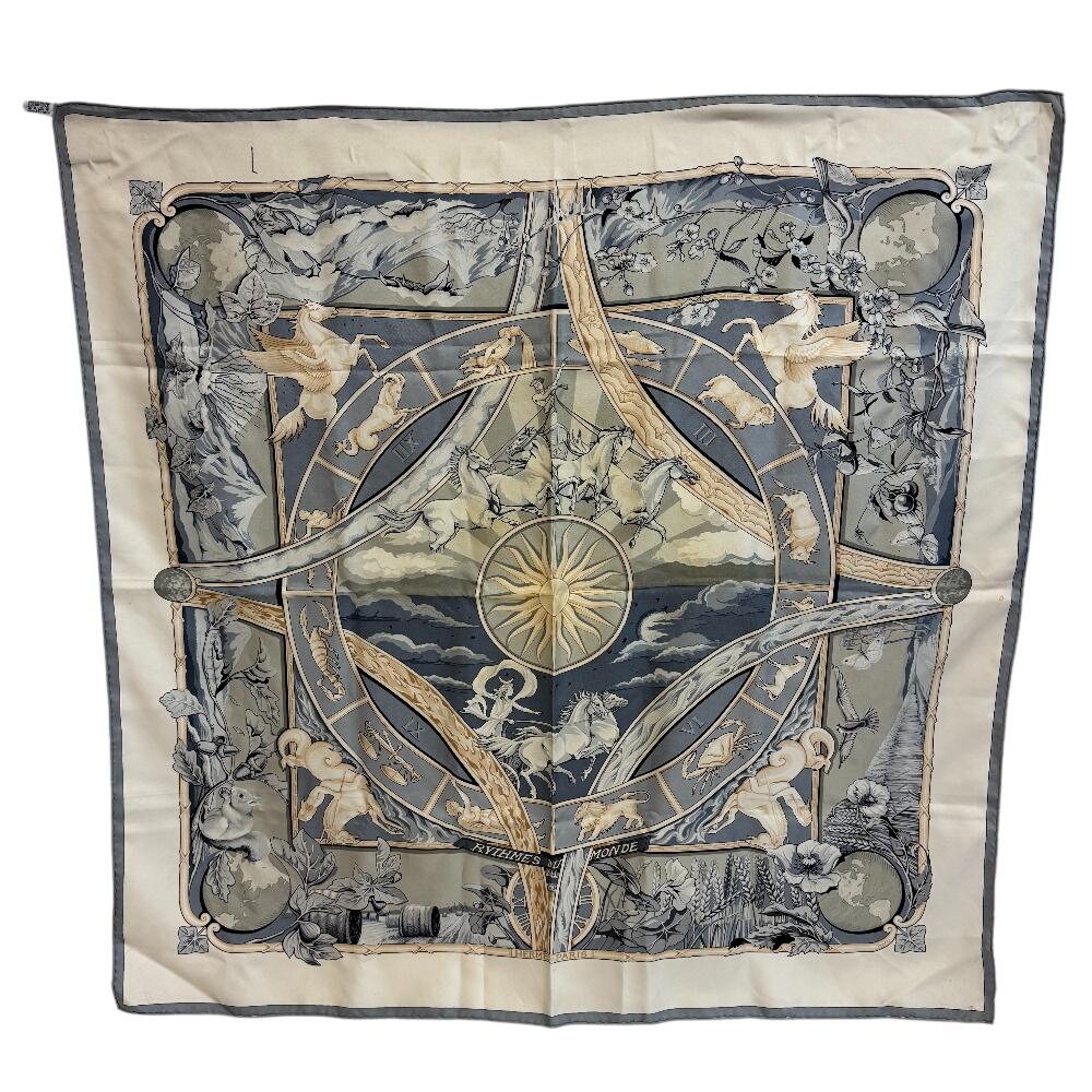 HERMES World rhythm silk Calle 90 scarf blue silk Used