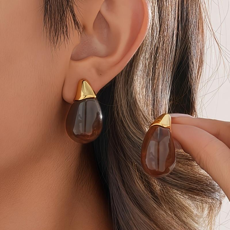 1 Pair Elegant Transparent Teardrop Earrings - Minimalist Chic Dangle Drops, KC Golden Plated for Women, Everyday & Party Jewelry