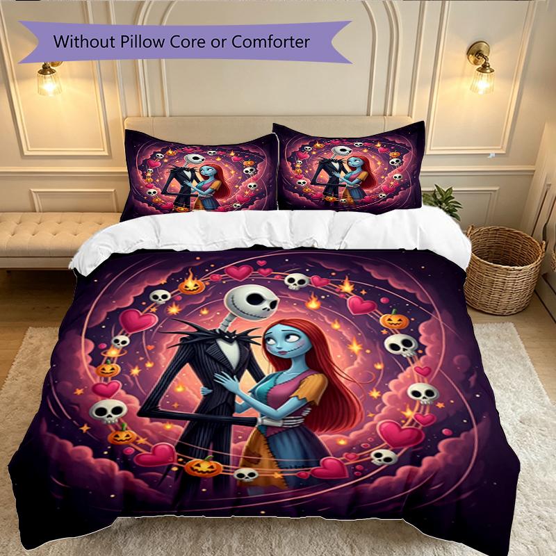 Halloween Jack Sally Skull Duvet Cover Set - Without Core & Quilt, Lightweight Machine Washable, Anime Style Gaming Bed Set