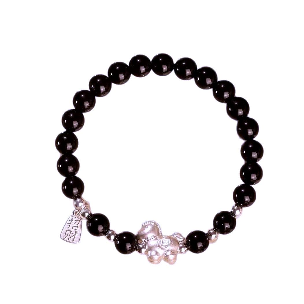 S999 Sterling Silver Year of the Horse Bracelet with Black Agate - Unisex Zodiac Gift for Attracting Wealth and Blessings чёрный