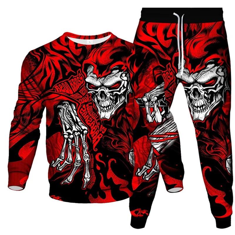Poker Skull Print Autumn Men's Outfit Casual Tracksuits Vintage O Neck Sweatshirt Jogging Pants Sets Oversized Man 2 Piece Suits