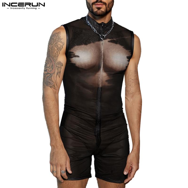 

INCERUN Men Zip-up Sleeveless Print Fitted Short Jumpsuits Rompers Underwear 3XL чорний