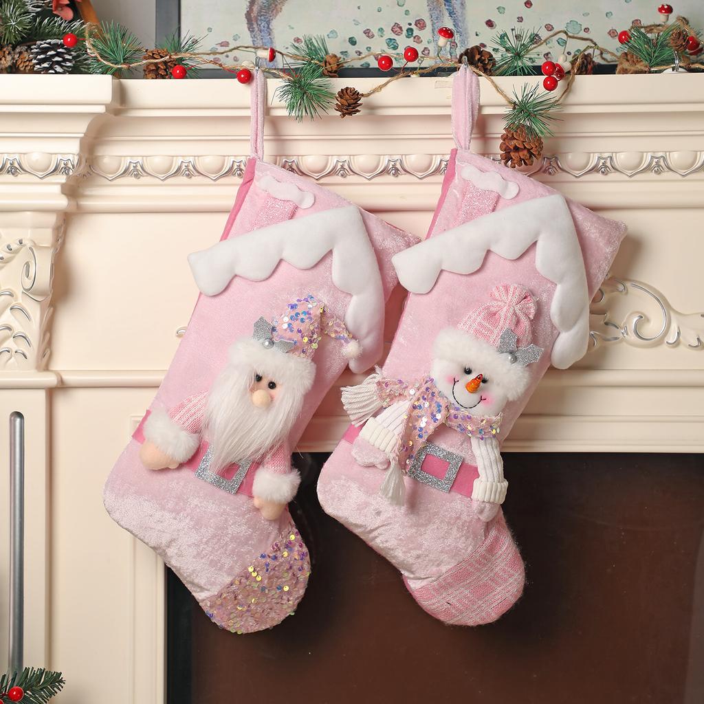 Christmas Stockings, Noel Pink Stockings Snowman, Reindeer, Santa Claus Navidad Decoration Family Holiday XMAS Party Decoration