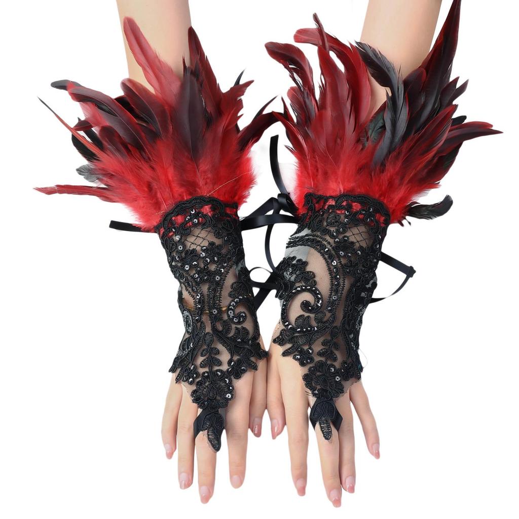 Cross-Border Halloween Feather Fingerless Gloves with Black Lace Bracelet Accessories