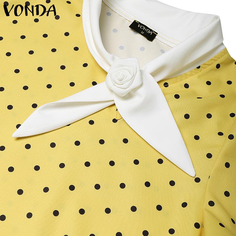 VONDA Women Stand Neck Puff Sleeve 3D Flower Polka Dots Casual Cropped Blouse