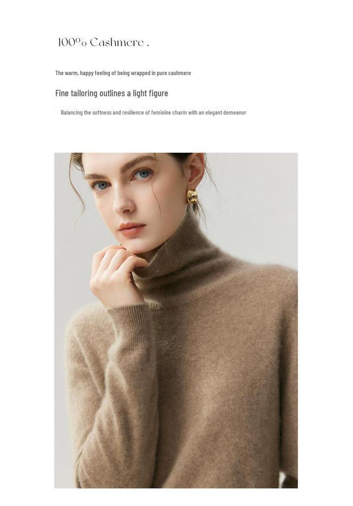 Women's 100% Cashmere High Neck Solid Color Long Sleeve Casual Sweater - Autumn/Winter Knitwear