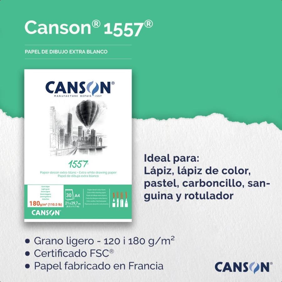 Canson 1557 180gsm A4 White Drawing Paper Pad Light Grain Glued Short Side 30 Extra White Sheets Ideal for Profional Artists St